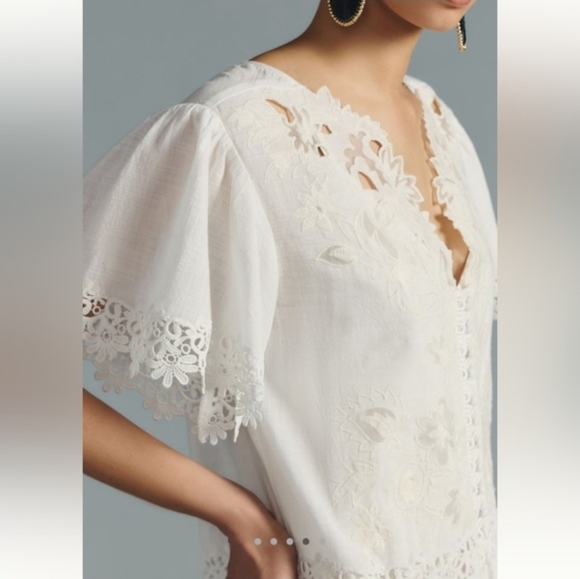 Anthropologie Lace-Trimmed Embroidered Mini Dress Anthro Size XS Off White Boho - Picture 4 of 16